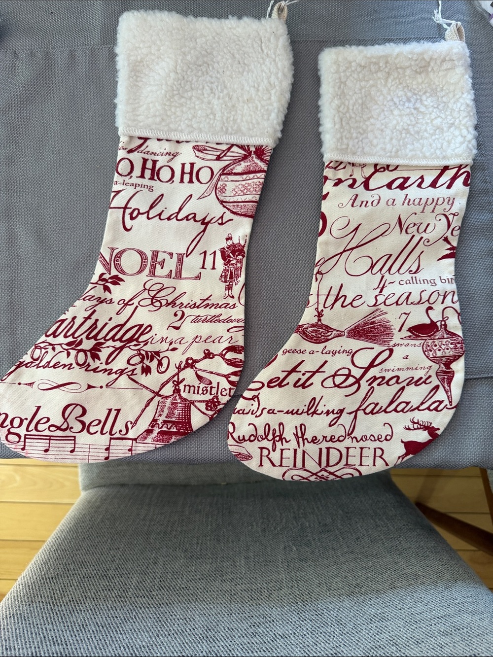 Holiday Script Print Christmas Stockings with Cream Sherpa Cuff